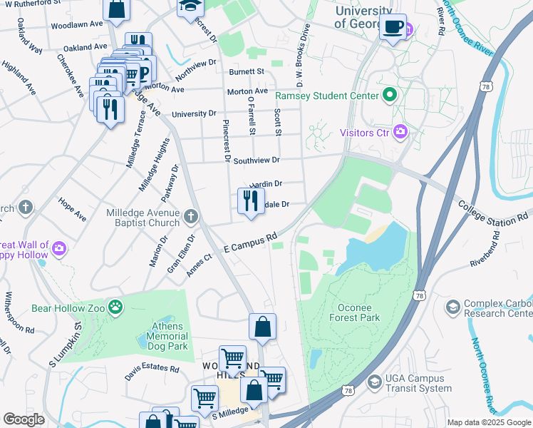 map of restaurants, bars, coffee shops, grocery stores, and more near 139 Riverdale Drive in Athens