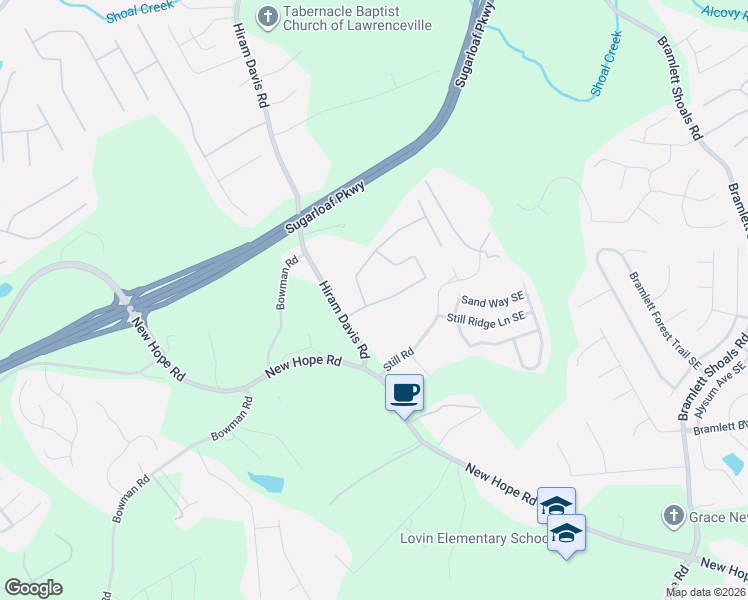 map of restaurants, bars, coffee shops, grocery stores, and more near Cruiser Run in Lawrenceville