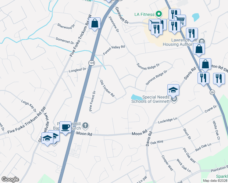map of restaurants, bars, coffee shops, grocery stores, and more near 485 Maple Wood Drive in Lawrenceville