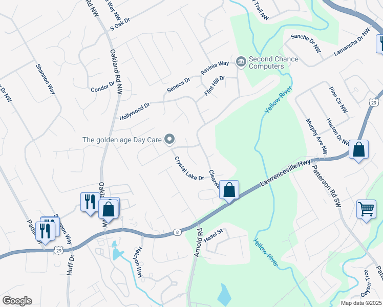 map of restaurants, bars, coffee shops, grocery stores, and more near 303 Cimarron Way in Lawrenceville
