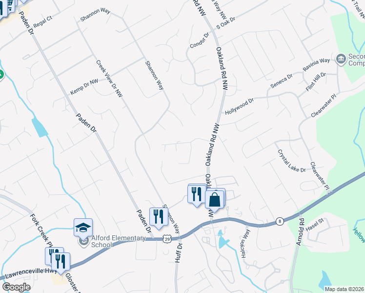 map of restaurants, bars, coffee shops, grocery stores, and more near 2325 Thornberry Drive in Lawrenceville
