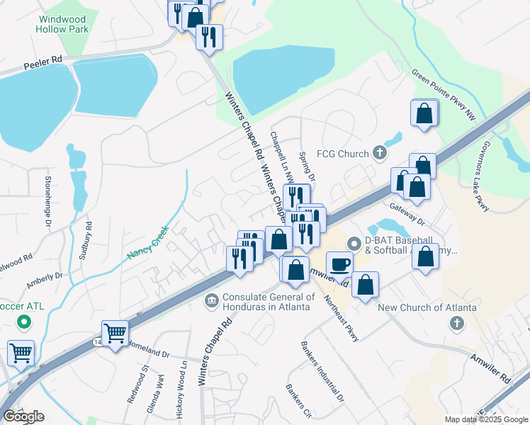 map of restaurants, bars, coffee shops, grocery stores, and more near 4650 Peachtree Place Parkway in Atlanta