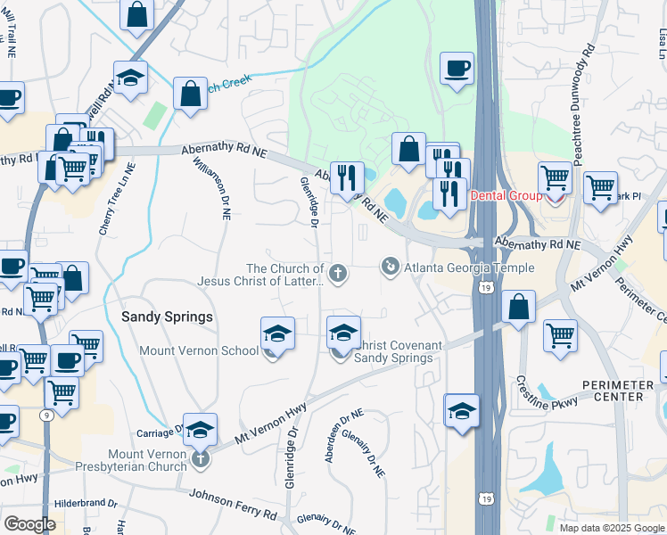 map of restaurants, bars, coffee shops, grocery stores, and more near 6461 Canopy Drive in Sandy Springs
