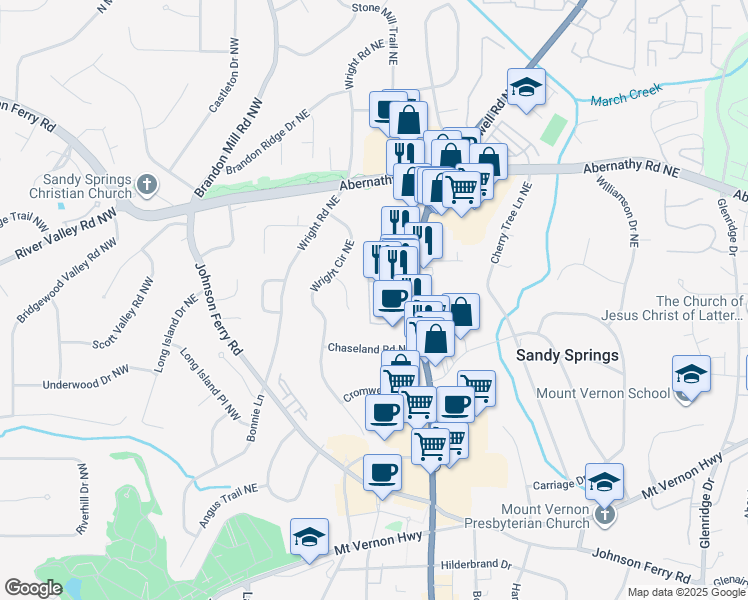 map of restaurants, bars, coffee shops, grocery stores, and more near 6518 Roswell Road in Sandy Springs