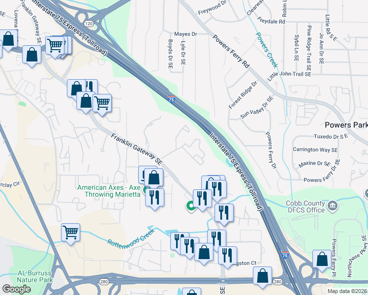 map of restaurants, bars, coffee shops, grocery stores, and more near 875 Franklin Gateway Southeast in Marietta