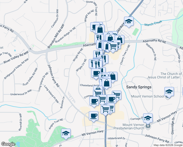 map of restaurants, bars, coffee shops, grocery stores, and more near 6518 Roswell Road in Sandy Springs
