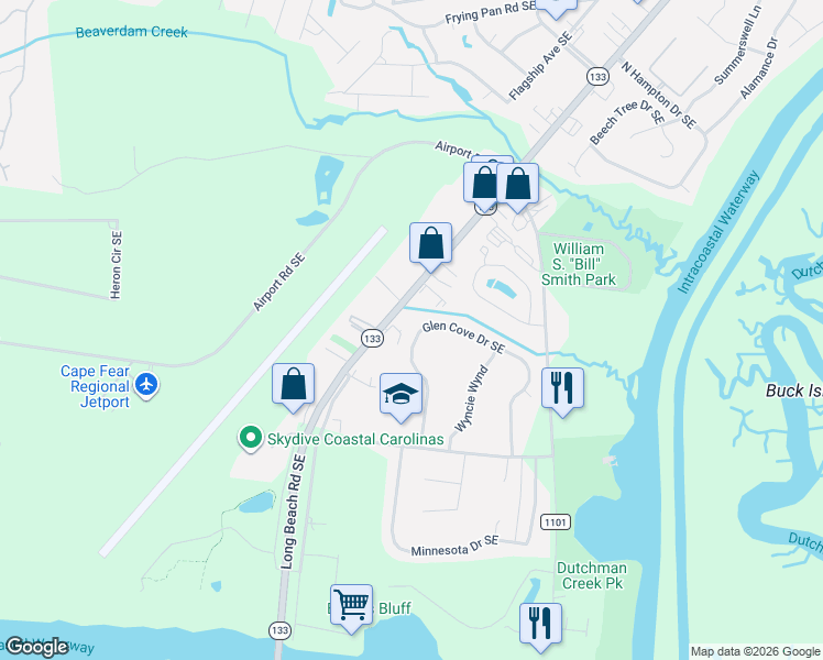 map of restaurants, bars, coffee shops, grocery stores, and more near 4190 Long Beach Rd SE in Southport