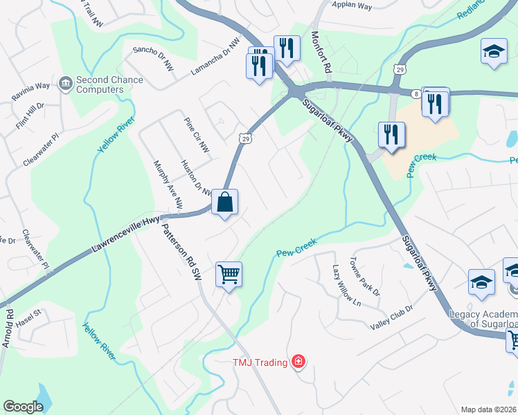 map of restaurants, bars, coffee shops, grocery stores, and more near 93 Davis Mill Court in Lawrenceville