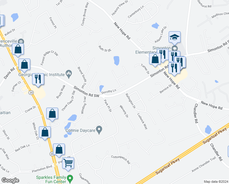 map of restaurants, bars, coffee shops, grocery stores, and more near 88 Dorothy Ln in Lawrenceville