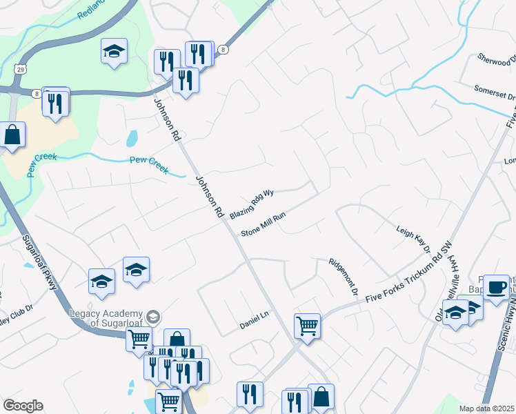 map of restaurants, bars, coffee shops, grocery stores, and more near 1148 Blazing Ridge in Lawrenceville