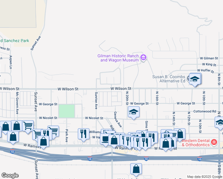 map of restaurants, bars, coffee shops, grocery stores, and more near 2200 West Wilson Street in Banning
