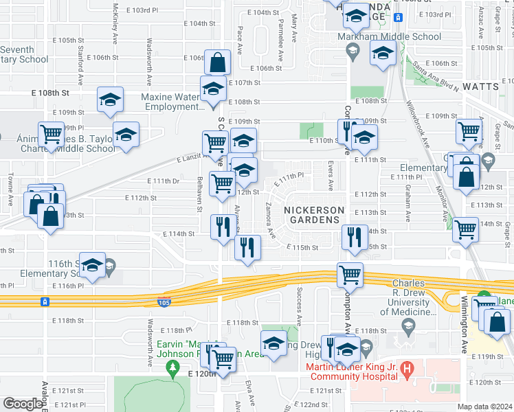 map of restaurants, bars, coffee shops, grocery stores, and more near 11226 Hooper Avenue in Los Angeles