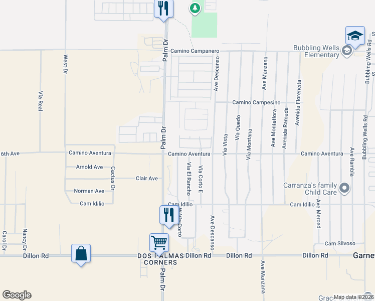 map of restaurants, bars, coffee shops, grocery stores, and more near 66641 Thunderbird Lane in Desert Hot Springs