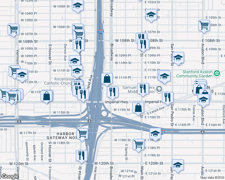map of restaurants, bars, coffee shops, grocery stores, and more near 11214 South Broadway in Los Angeles