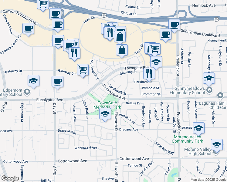 map of restaurants, bars, coffee shops, grocery stores, and more near 22519 Southwalk Street in Moreno Valley