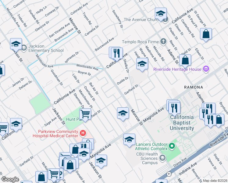map of restaurants, bars, coffee shops, grocery stores, and more near 8694 Ouida Drive in Riverside