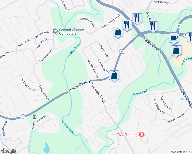 map of restaurants, bars, coffee shops, grocery stores, and more near 150 Murphy Avenue Northwest in Lawrenceville