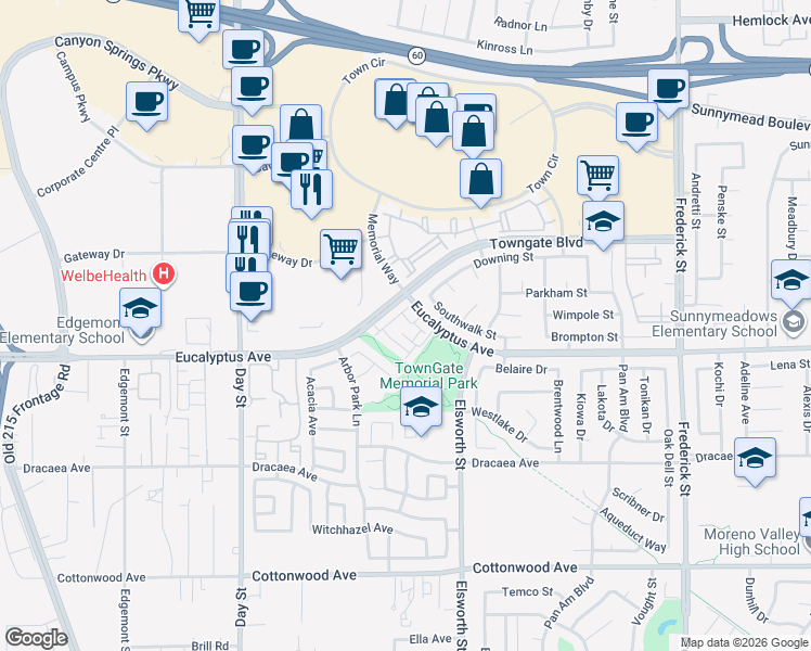 map of restaurants, bars, coffee shops, grocery stores, and more near 22363 Yates Street in Moreno Valley