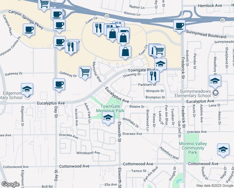 map of restaurants, bars, coffee shops, grocery stores, and more near 22519 Southwalk Street in Moreno Valley