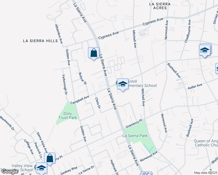 map of restaurants, bars, coffee shops, grocery stores, and more near La Sierra Ave & Campbell Ave in Riverside
