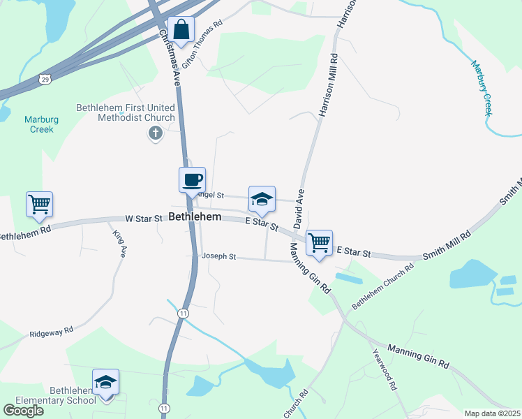map of restaurants, bars, coffee shops, grocery stores, and more near 55 Angel Street in Bethlehem