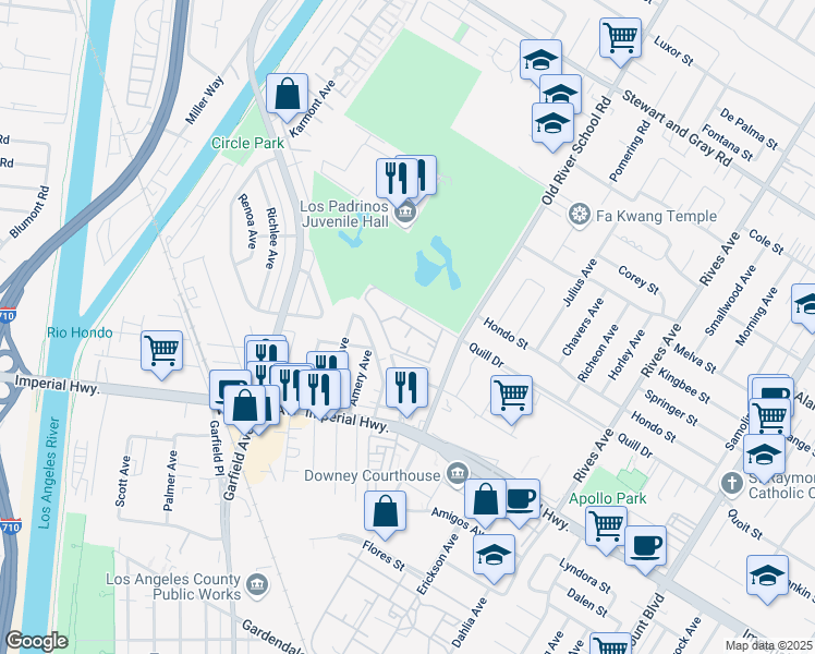 map of restaurants, bars, coffee shops, grocery stores, and more near 7312 Quill Drive in Downey