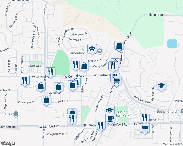 map of restaurants, bars, coffee shops, grocery stores, and more near 285 West Central Avenue in Brea