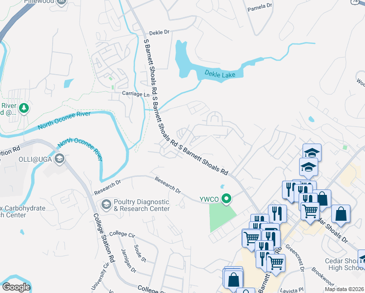 map of restaurants, bars, coffee shops, grocery stores, and more near 1035 Old Barnett Shoals Road in Athens