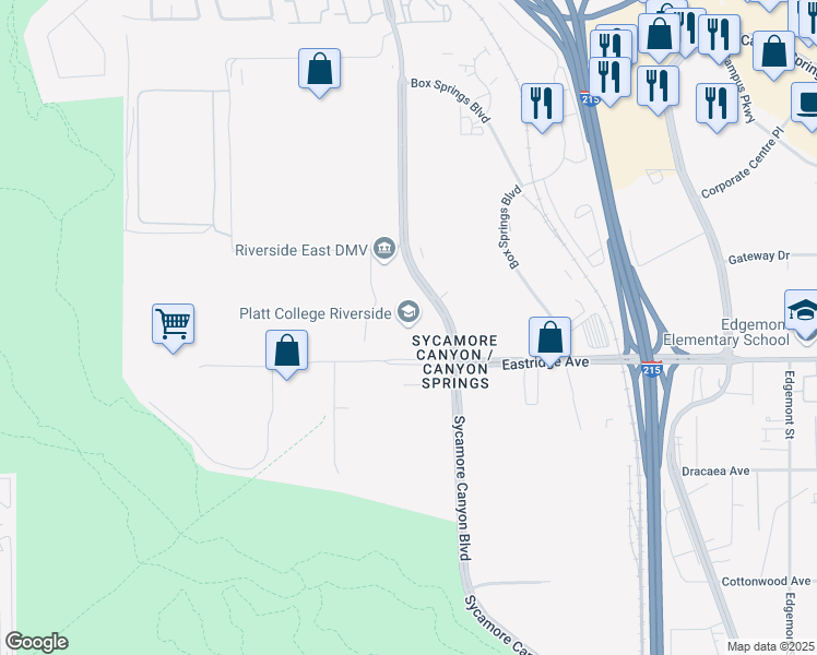 map of restaurants, bars, coffee shops, grocery stores, and more near 6465 Sycamore Canyon Boulevard in Riverside
