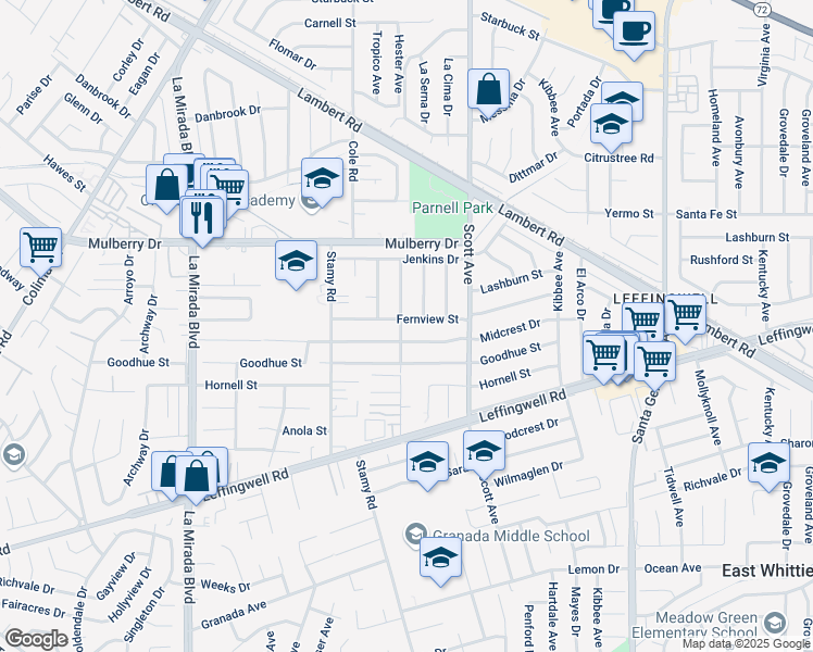 map of restaurants, bars, coffee shops, grocery stores, and more near 10926 Gladhill Road in Whittier