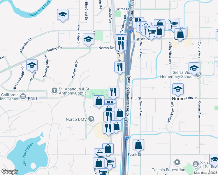 map of restaurants, bars, coffee shops, grocery stores, and more near 3480 Hamner Avenue in Norco