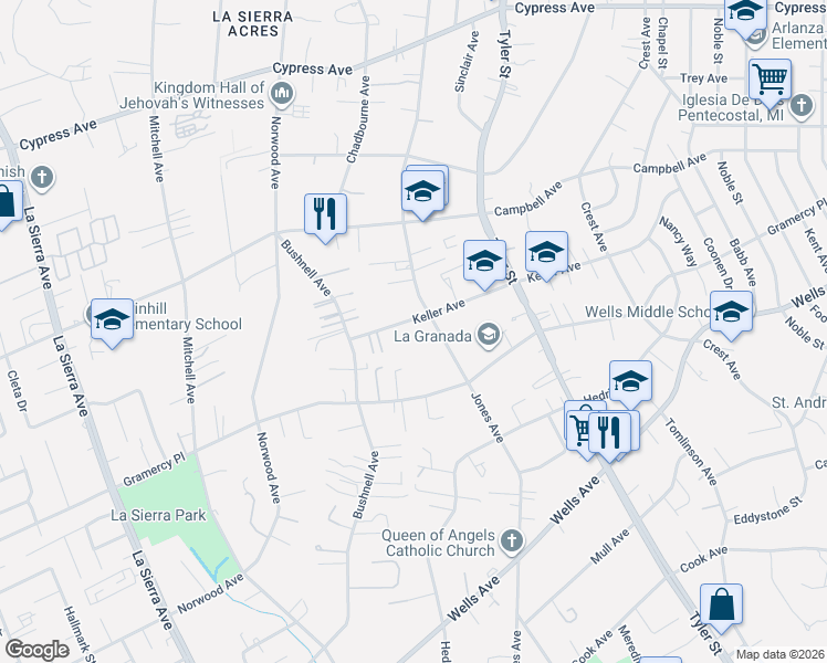 map of restaurants, bars, coffee shops, grocery stores, and more near 10428 Keller Avenue in Riverside