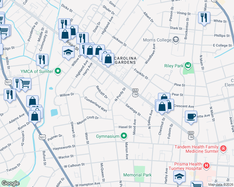 map of restaurants, bars, coffee shops, grocery stores, and more near 316 Broad Street in Sumter