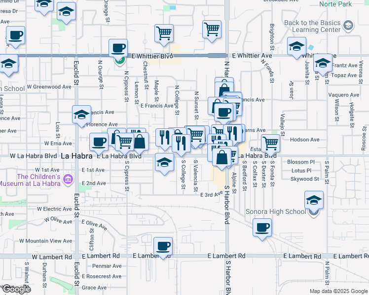 map of restaurants, bars, coffee shops, grocery stores, and more near 201 North College Street in La Habra