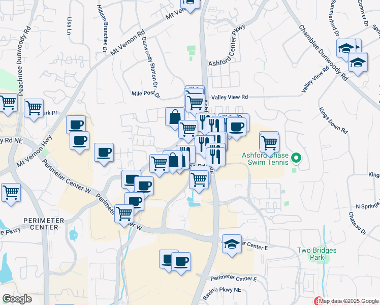 map of restaurants, bars, coffee shops, grocery stores, and more near 500 Ashwood Pkwy in Atlanta