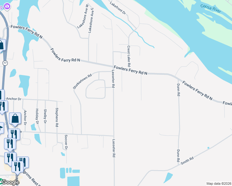 map of restaurants, bars, coffee shops, grocery stores, and more near 1363 Lasseter Road in Gadsden