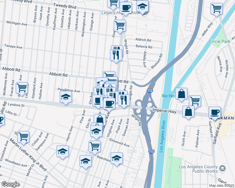 map of restaurants, bars, coffee shops, grocery stores, and more near 10850 Atlantic Avenue in Lynwood