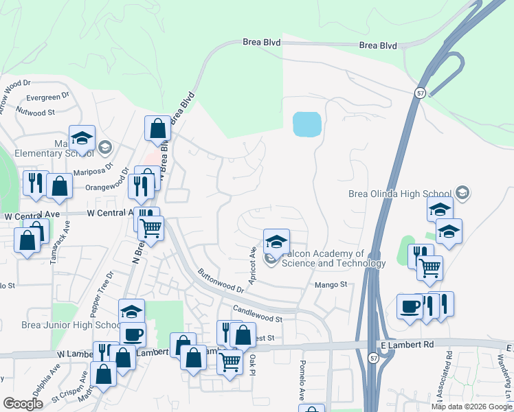 map of restaurants, bars, coffee shops, grocery stores, and more near 915 Kings Canyon Road in Brea