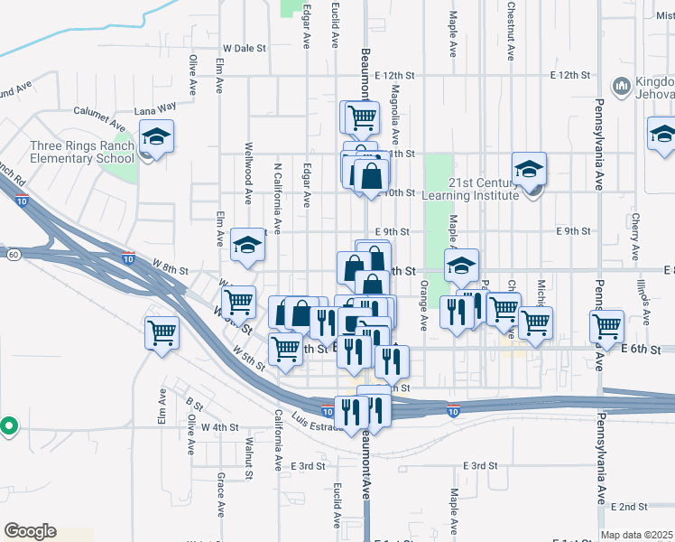 map of restaurants, bars, coffee shops, grocery stores, and more near 301 East 8th Street in Beaumont