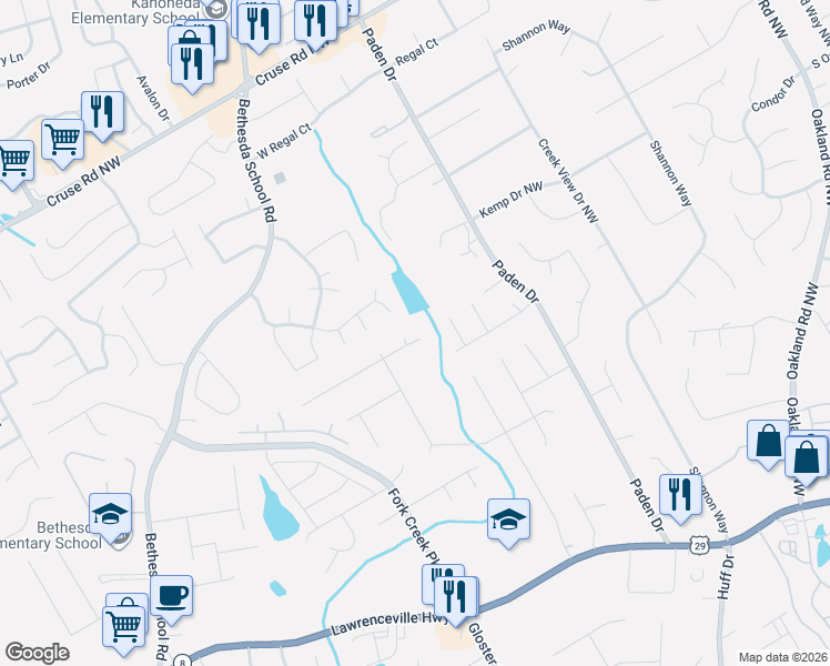 map of restaurants, bars, coffee shops, grocery stores, and more near 2605 Titon Way in Lawrenceville