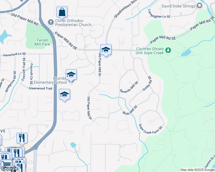 map of restaurants, bars, coffee shops, grocery stores, and more near 3358 Stovehill Court Southeast in Marietta