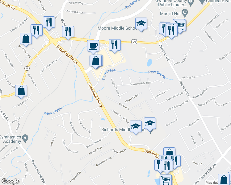 map of restaurants, bars, coffee shops, grocery stores, and more near 205 Grayland Creek Drive in Lawrenceville