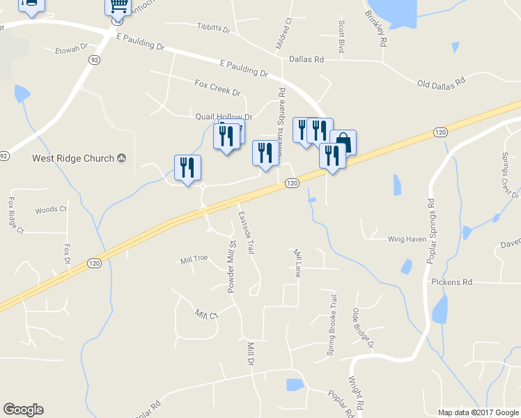 map of restaurants, bars, coffee shops, grocery stores, and more near 27 Eastside Trail in Dallas