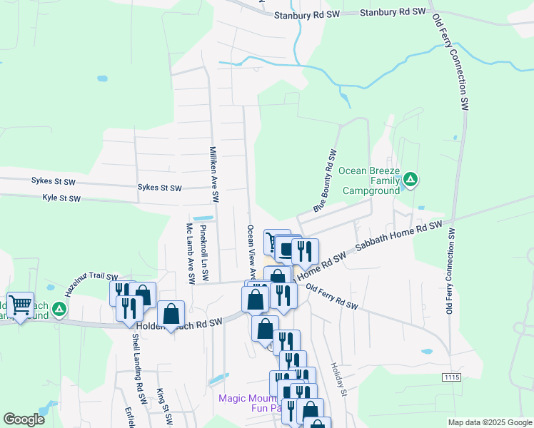 map of restaurants, bars, coffee shops, grocery stores, and more near 1100 Sabbath Home Road Southwest in Holden Beach