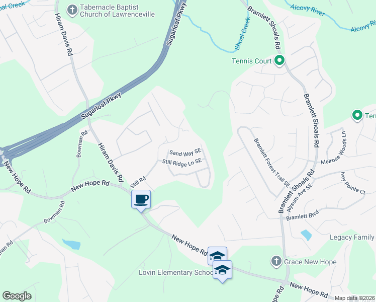 map of restaurants, bars, coffee shops, grocery stores, and more near 1472 Sand Way Southeast in Lawrenceville