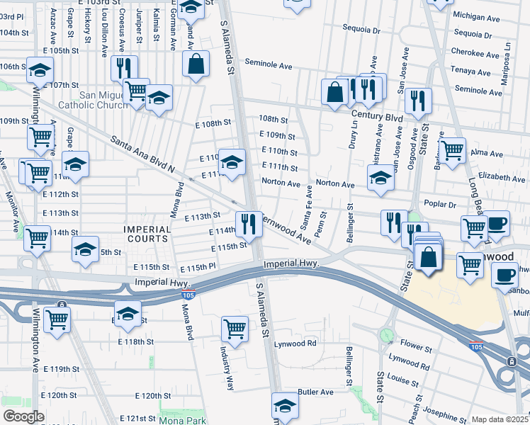 map of restaurants, bars, coffee shops, grocery stores, and more near 11312 Alameda Street in Lynwood