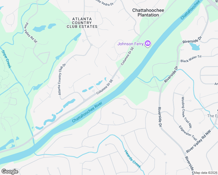 map of restaurants, bars, coffee shops, grocery stores, and more near 4586 Columns Drive Southeast in Marietta