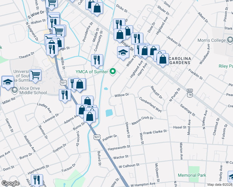 map of restaurants, bars, coffee shops, grocery stores, and more near 8 Highland Avenue in Sumter