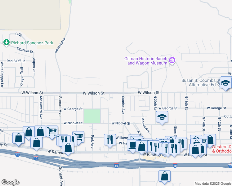 map of restaurants, bars, coffee shops, grocery stores, and more near 2383 West Wilson Street in Banning