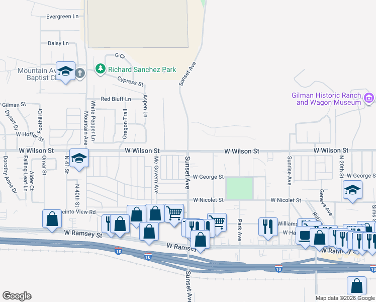 map of restaurants, bars, coffee shops, grocery stores, and more near West Wilson Street in Banning